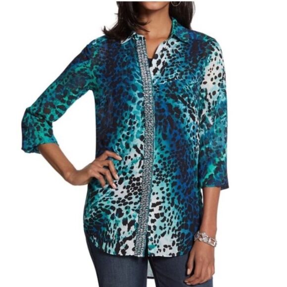 Chico’s Blue & Green Animal Print & Rhinestone Sheer Button Up Size 3, XXL - Picture 7 of 10
